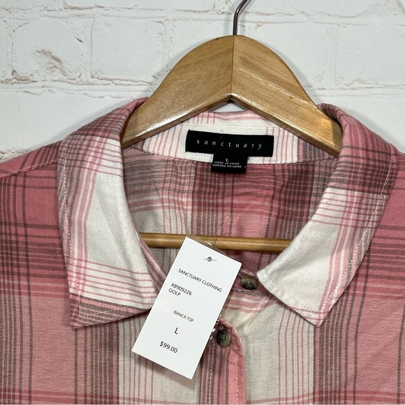 Sanctuary Bianca Plaid Flannel Shirt Womens Large Pink Cropped Casual NWT - Picture 3 of 11